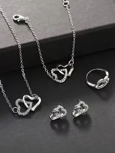 Rhinestone Decor Hollow Out Heart Design Jewelry Set, Elegant Necklace & Bracelet & Earrings & Ring Set, Fashion Exquisite Jewelry Set for Women's Gift