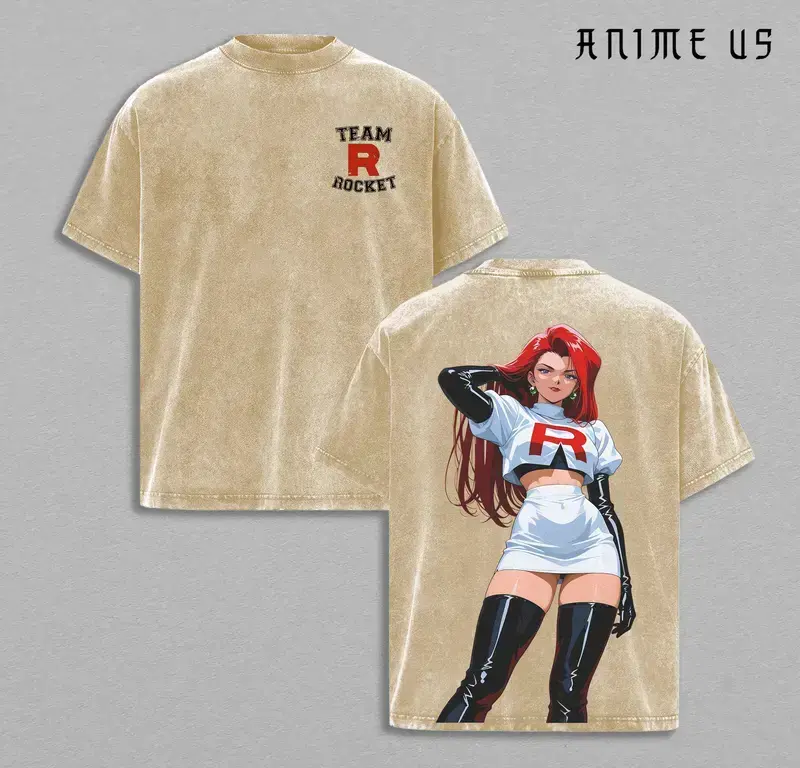 Retro Limited Team Rocket x Jessie V2 T-shirt Washed Anime Merch Double Printed Washed Tee Unisex Manga Heavyweight Cotton 90s Anime Kanto Villains Team Rocket