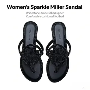 Luxury All Black Hollow Out Thong Sandals Women Soft Padded Insole Wedding Guest Bridesmaid Dressy Shoes Classic Medallion Rhinestone Thong Sandals Women All Black Multi-Size Comfortable Summer Vacation Travel Shoes Cushioned footbed flip f