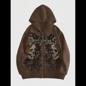 MEN Grunge Punk Men's Skull Letter Print Zipper Closure Hoodie, Long Sleeve, School Casual Brown