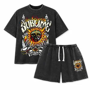 Men's Unisex Heavyweight Pure Cotton Acid-Washed Crew Neck T-shirt - Vintage Sun Pattern, Street Style Personalized Statement Top Casual Outfit
