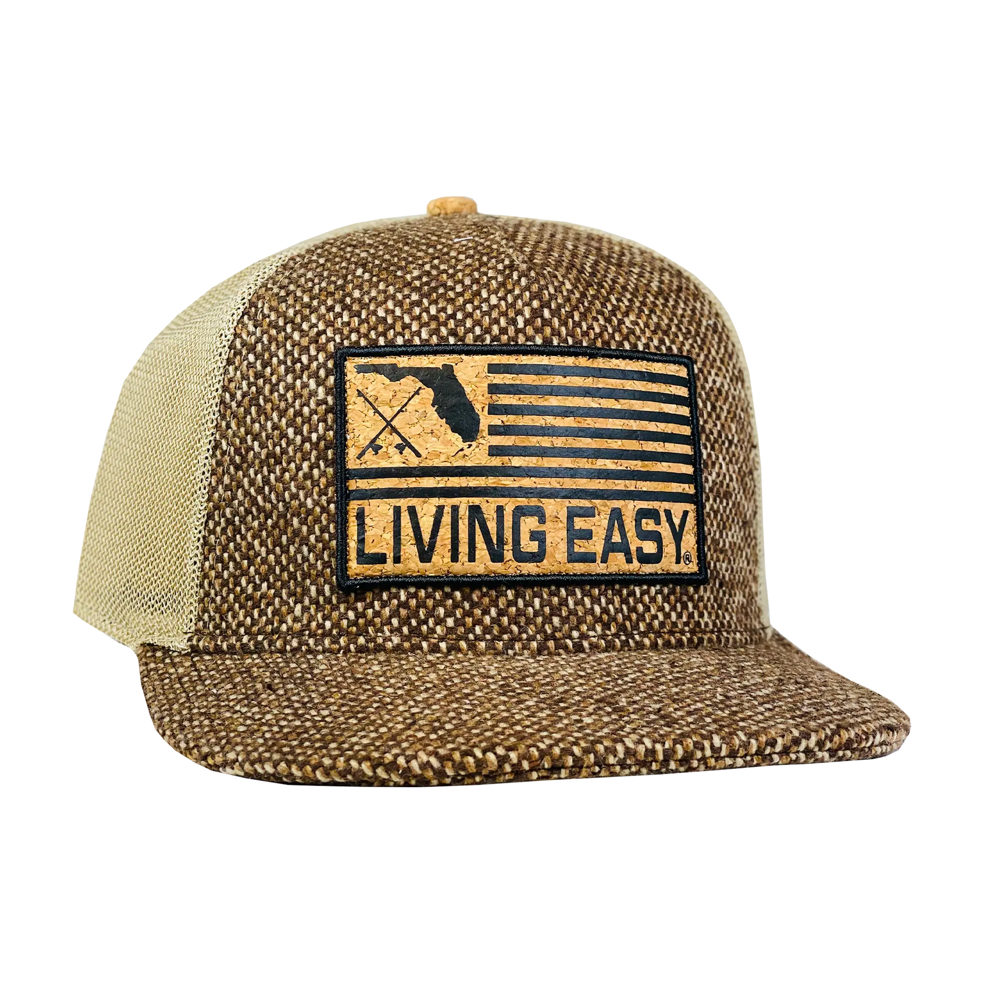 Florida Patch Tweed Baseball Cap - High Crown, 5-Panel Design, Adjustable Snapback, Trucker Mesh, Cork Patch