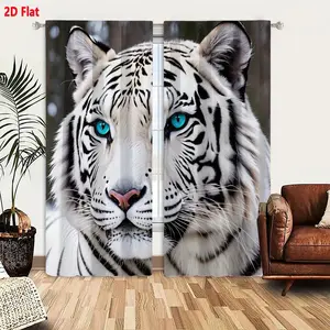 2D Flat 2-Pack White Tiger Blue Eyes Printed Curtains, Black Striped White Tiger Pattern, Pink Nose Whiskers Design, Outdoor Natural Background Calm Focused Expression, Window Curtains for Bedroom Living Room, Light-Filtering Decorative Curtains