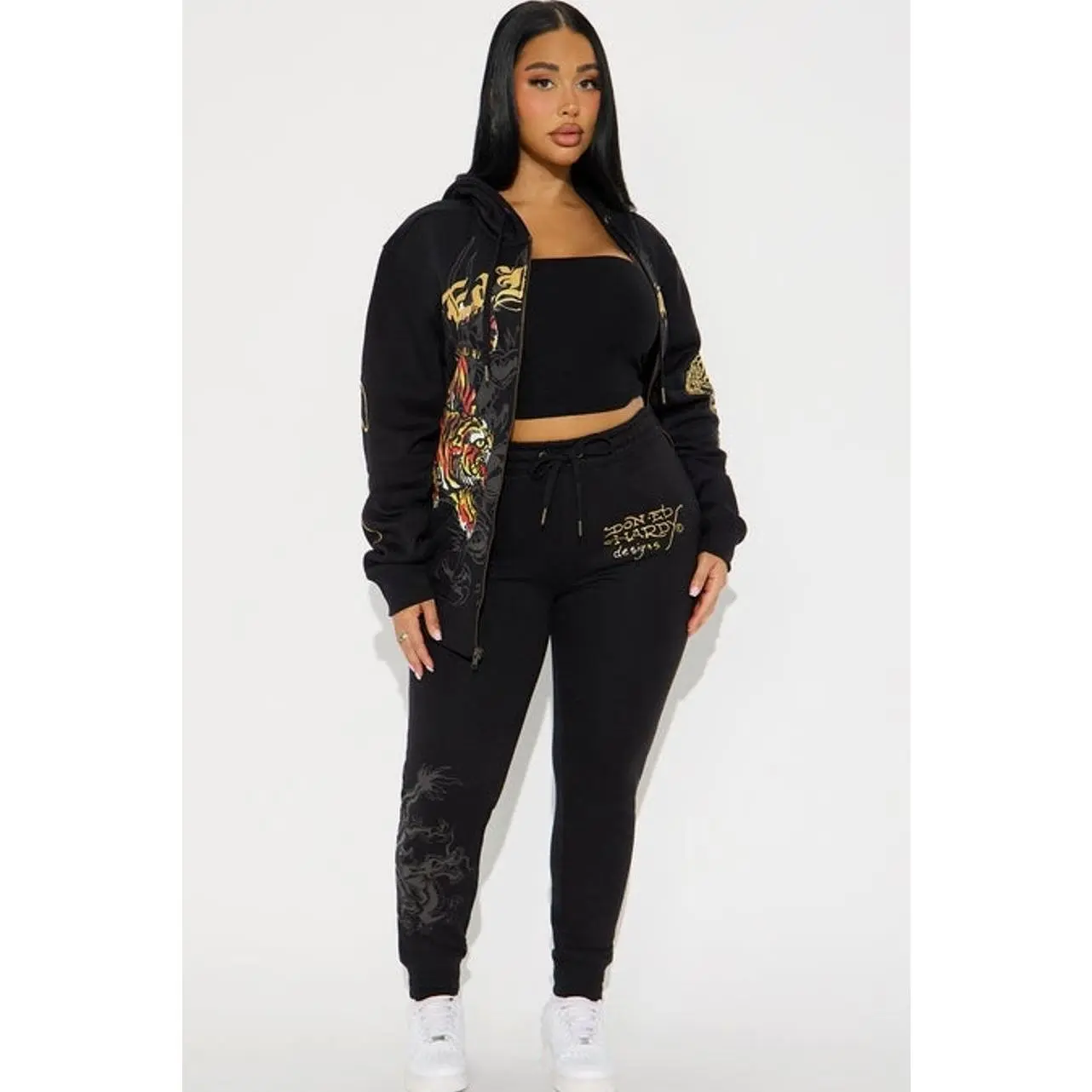 Ed Hardy Deja Vu Tiger Print Logo Print Women's Cotton Blend Plus Size Active Wear Joggers - Black U, Plus Size Fashion, Logo Print Women's Sports Joggers