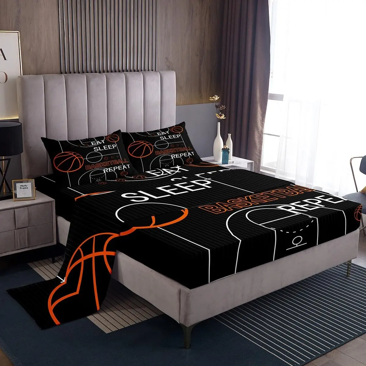 Feelyou Basketball Bedding Sheet Sets - Breathable Fabric, Deep Pockets, Elastic Fitted Sheet, Elegant Design, Eat Sleep Basketball Pattern, Black Sports Theme Linens, Multi-Size, Machine Washable