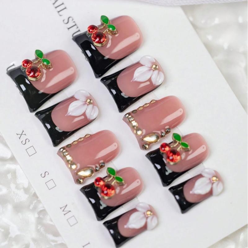 10pcs Y2K Black And Red Short Duckbill Press On Nails, Acrylic Press Nail, Three-Dimensional Flower Handmade Fake Nails, 3D White Flower Design, Shiny Cherry Decoration, Rhinestone Embellishment, Elegant And High-End Nail Art, Suitable For Daily