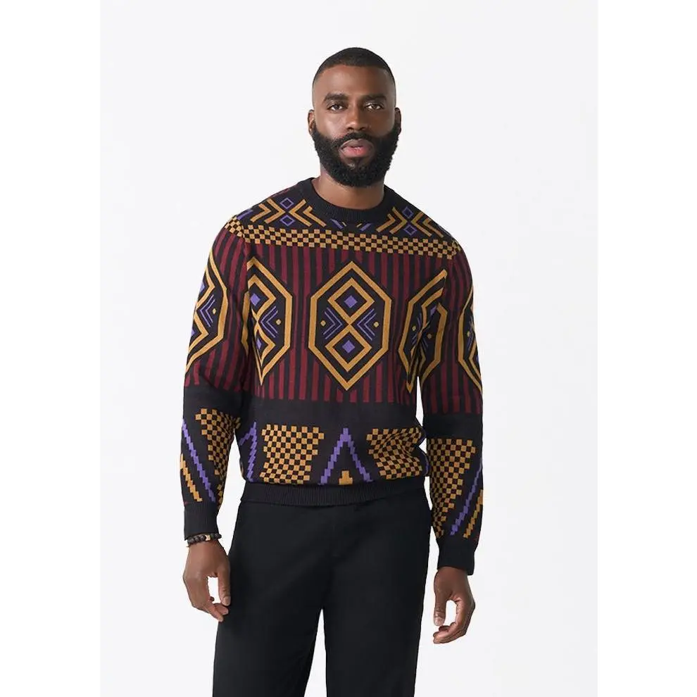Asaye Men's African Print Crew Neck Sweater (Black Burgundy Tribal)