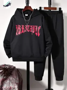 Two-piece Set Boy's Letter Print Drop Shoulder Sweatshirt & Pocket Elastic Waist Sweatpants Set, Casual Fashion Cozy Breathable Outfits for Daily Outdoor Wear, Boys Clothing for Fall & Winter, Youth Kits