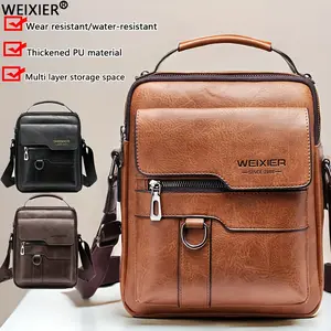 WEIXIER New men's PU leather shoulder bag, retro fashion, classic style, adjustable shoulder strap, multi-layer, messenger bag, crossbody bag, business casual bag, travel, backpack, men's daily commuter bag