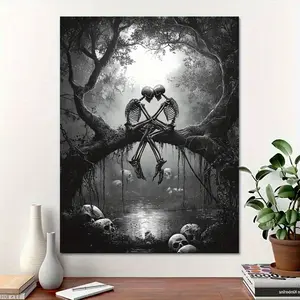 1pc Solid Canvas Wall Art - Black & White Retro Embracing Skeletons in Love,Eco- Friendly Material Fade-Resistant Ready-to-Hang Home Decor for Living Room, Bedroom, Christmas, Mother's Day, Office Artwork
