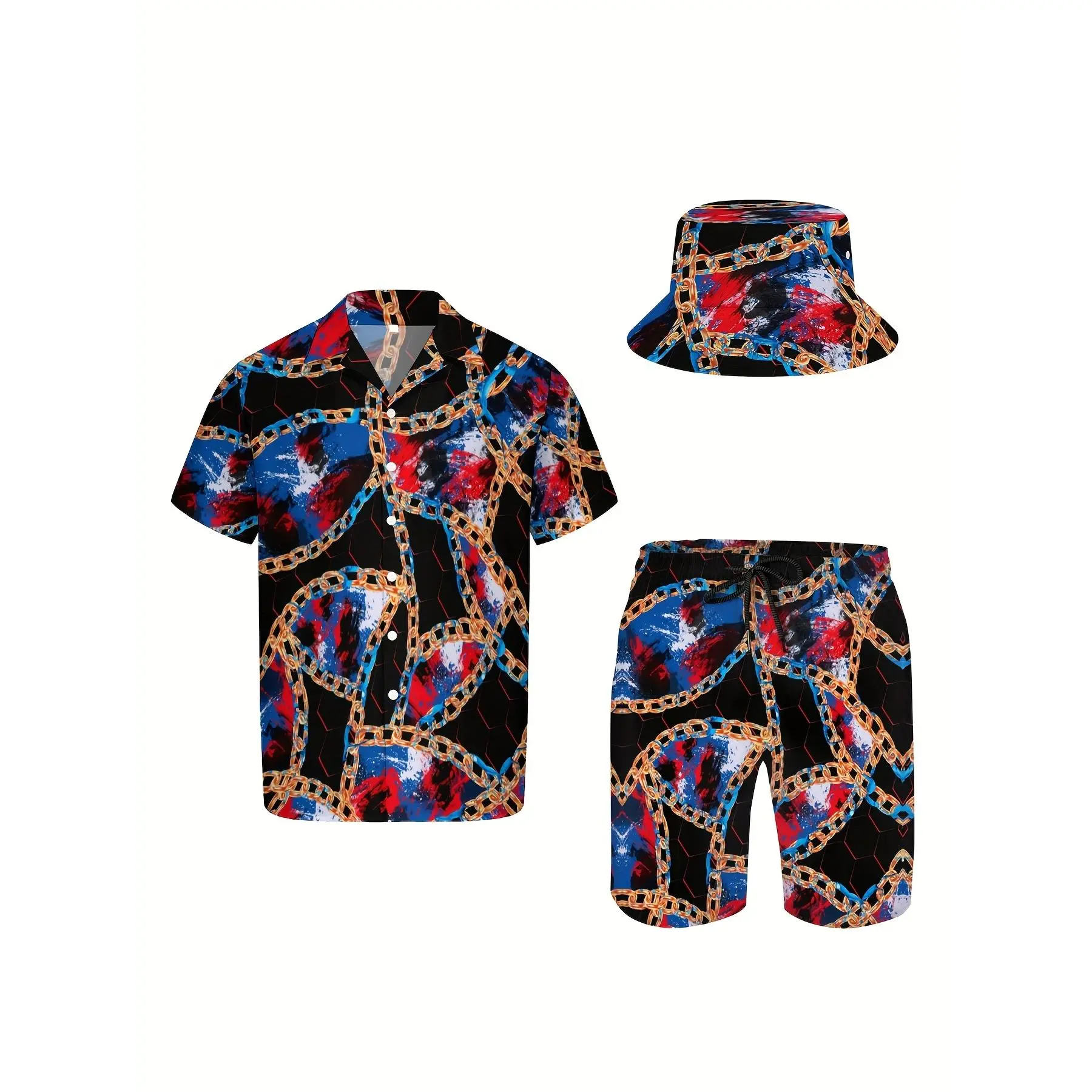 3-piece men's Hawaiian shirt and shorts set, gold chain luxury Baroque graffiti style, soft fabric breathable shirt, buttoned short-sleeve casual beach shirt set with bucket hat