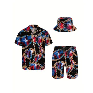 3-piece men's Hawaiian shirt and shorts set, gold chain luxury Baroque graffiti style, soft fabric breathable shirt, buttoned short-sleeve casual beach shirt set with bucket hat