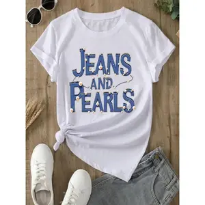 Graphic T-Shirt Featuring Women'S Jeans And Pearls - Comfortable Everyday Tee with a Crew Neck, Made from Soft, Non-Transparent Fabric, Designed for a Curve-Hugging Casual Look to Pair with Jeans And Pearl Additions - Versatile Shirt for All Seasons