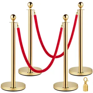 Velvet Rope And Post Set, 4-Piece, 5-Foot Red Velvet Rope, Stanchion Post With Ball Top, Gold Stanchions For Event Crowd Control, Red Carpet Poles, Ropes And Poles Kit For Party, Wedding And Venue Supplies