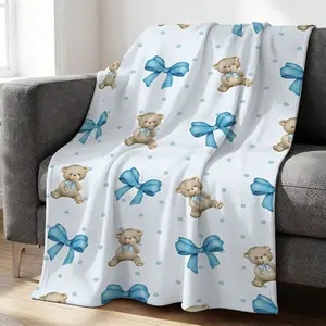 Whimsical Bear and Bow Flannel Blanket, Light Blue Polka Dot Pattern Throw Blanket, Cozy Nursery Decor, Perfect for Home, Camping, and Office Warmth, Adorable Gift for Kids and Baby Showers