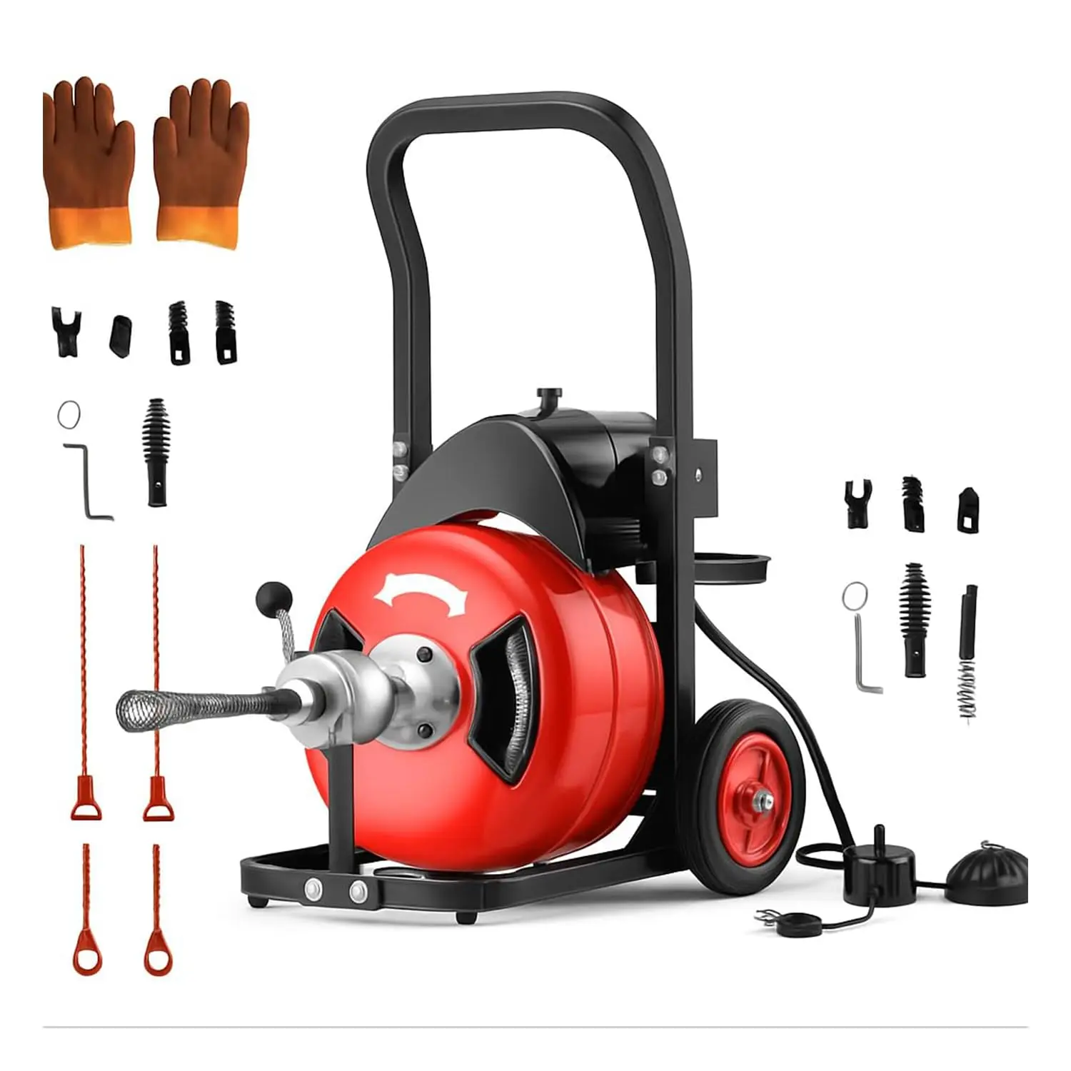 Garvee 50ft Drain Cleaner Machine, 1/2 Inch Portable Drain Auger with Wheels, 450w Electric Sewer Auger, Auto-Feed Drain Snake with 4 Cutters for Sink, Toilet, Floor Drain