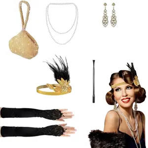 6 Pcs 1920s Flapper Costume Accessories Kit – Gatsby Headband, Pearl Necklace, Gloves & Clutch for Roaring 20s Parties, Vintage Themed Events, and Costume Parties