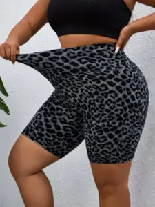 Plus Size High Waist Stretchy Leopard Print Athletic Shorts with Pockets Workout Shorts for Women Biker Short Set