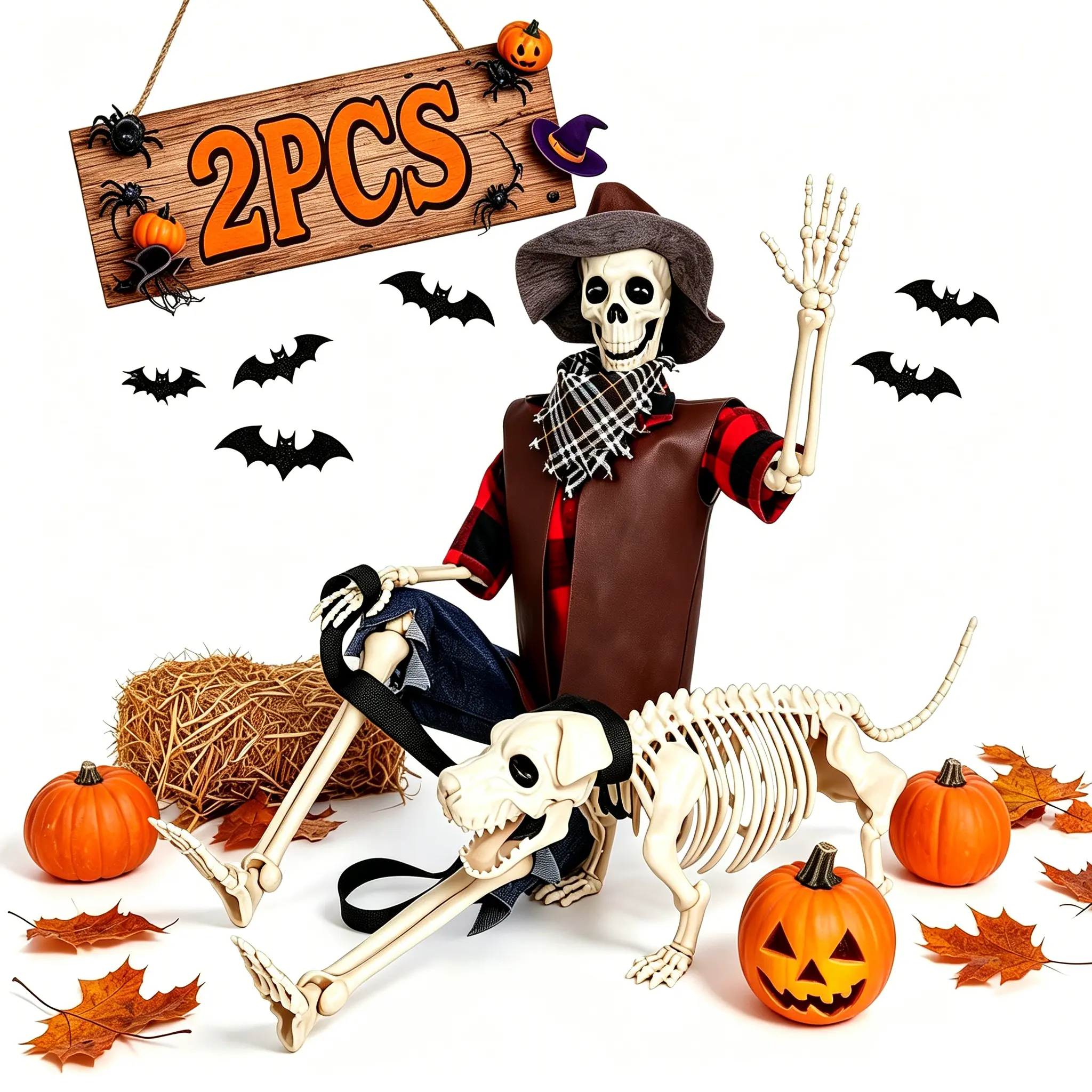 36"Skeleton Halloween Decorations, Full Body Posable Skeleton Decor & Dog, Creepy Halloween Western Cowboy Themed Set, Plastic Skeleton Featuring Movable Joints, Indoor Outdoor Yard & Party Decor
