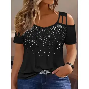 Women’s plus-size elegant chestnut shirt with sparkling rhinestone details, V-neck, short sleeves, stretchable polyester women’s top — black shirt, fashionable, casual, classic fabric, spandex, women’s collar, comfortable short sleeves