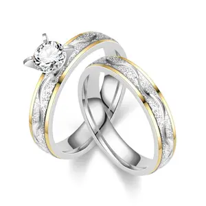 Fade Resistant Titanium Steel Couple Ring Set |   Two Tone Solitaire CZ Promise Rings