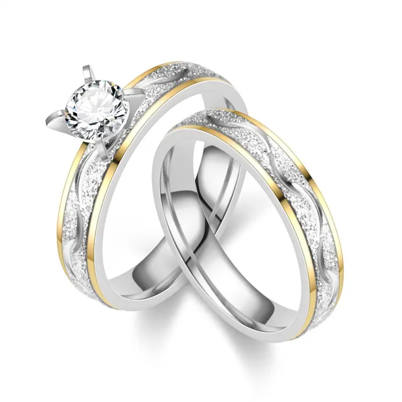 Fade Resistant Titanium Steel Couple Ring Set |   Two Tone Solitaire CZ Promise Rings
