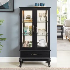 Lighted Display Curio Cabinet with Glass Doors and Adjustable Shelves 2 Door Wine Cabinet Display Curio Cabinet with LED Lights Light Black Finish and Drawer for Home Decor and Storage