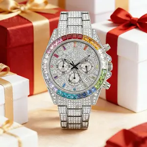 [Mother's Day Gift] Men's Multifunctional wristwatch Luxury Rhinestone Embellished Quartz Watch Rainbow Crystal Chronograph with Gift Box Included Fashion Timeless Classic Watch Fashionable