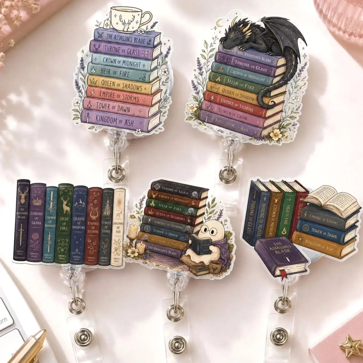 5 ops (not combo 5) Fantasy Book Badge Reel, Acotar Throne of Glass Merch, Book Lover Gift