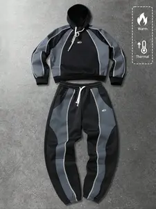 Men's unisex American English graphic print patchwork short fitted hoodie set, Activewear, casual street style, autumn/winter style.