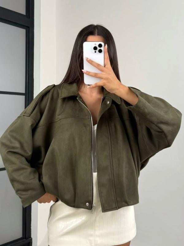 Women's Cropped Suede Jacket Demi-Season Bomber Jacket Female Outerwears Street Long Sleeve Oversized Black Brown Green Red Jacket Woman Fashion Zip Up Short Coat