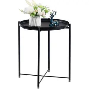 Round Metal Side Table, Outdoor Small Folding Accent Stand with Removable Tray, 17.72'' Portable End Table for Balconies, Gardens, Living Rooms and Bedrooms, Black