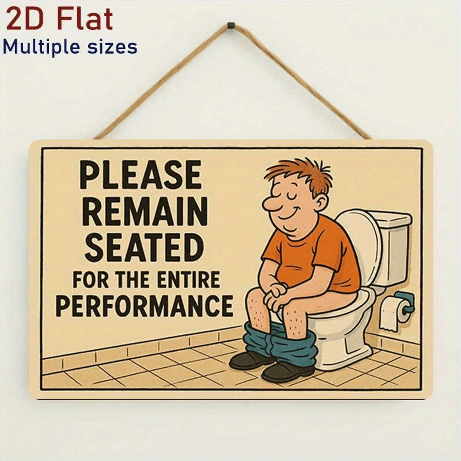 Humorous 2D Flat Horizontal Iron Sheet Painting Depicting a Person Using The Toilet Available in Multiple Sizes with Rope for Hanging Retro Style Ideal Gift for Decorating Cafes Homes Or Bars
