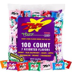 Fizzy Hard Candy Assorted Fruit Flavors Individually Wrapped Bulk Pack 100 Units Cherry Watermelon Strawberry Blue Raspberry Apple Orange Grape