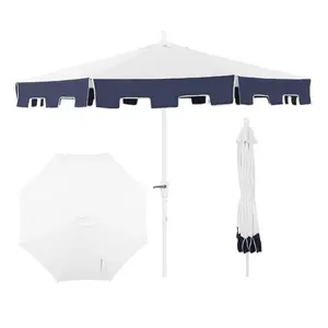 JONATHAN Y Baiona 9 ft. Classic MidCentury Market Patio Umbrella with UV Protection, Auto-Tilt, Crank and Wind Vent; Available in White/Navy, White/Cream, White/Coral Pink, White/Green  windproof