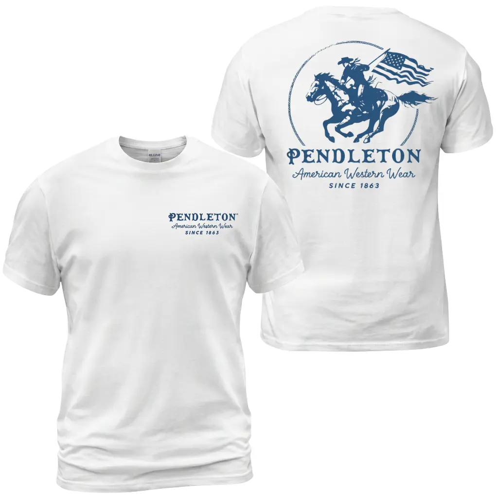 Pendleton American Western Wear T-Shirt, Cowboy Horse Rider Graphic Tee With USA Flag Back Print, Front Chest Pendleton Logo Shirt, Ranch Rodeo Apparel Gift for Men and Women