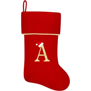 20 Inches Initial Monogram Red Christmas Stocking, Personalized Large Embroidered Letter Velvet Christmas Stocking with Gold Trim Decoration for Family Christmas Holiday Decor(Letter A)