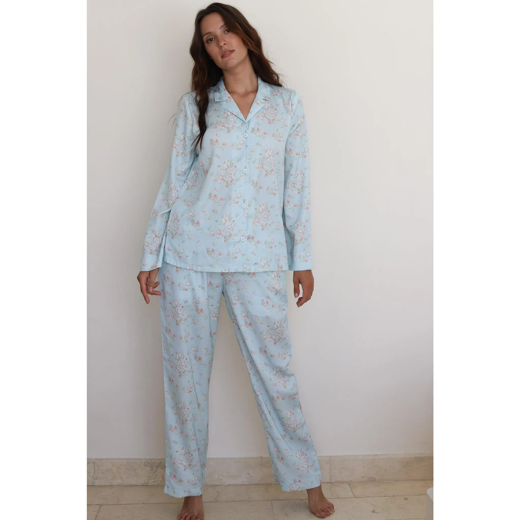 Aruna Satin Floral Pajamas - Blue Rose Ditsy Floral Print Long Sleeve Button Down Top & Drawstring Pants Loungewear Nightwear Classic Chic All Seasons