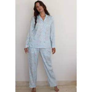 Aruna Satin Floral Pajamas - Blue Rose Ditsy Floral Print Long Sleeve Button Down Top & Drawstring Pants Loungewear Nightwear Classic Chic All Seasons