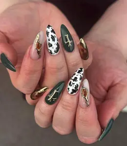 Press On Nails Cow Print Almond Nails with Gold Chrome Cross Design