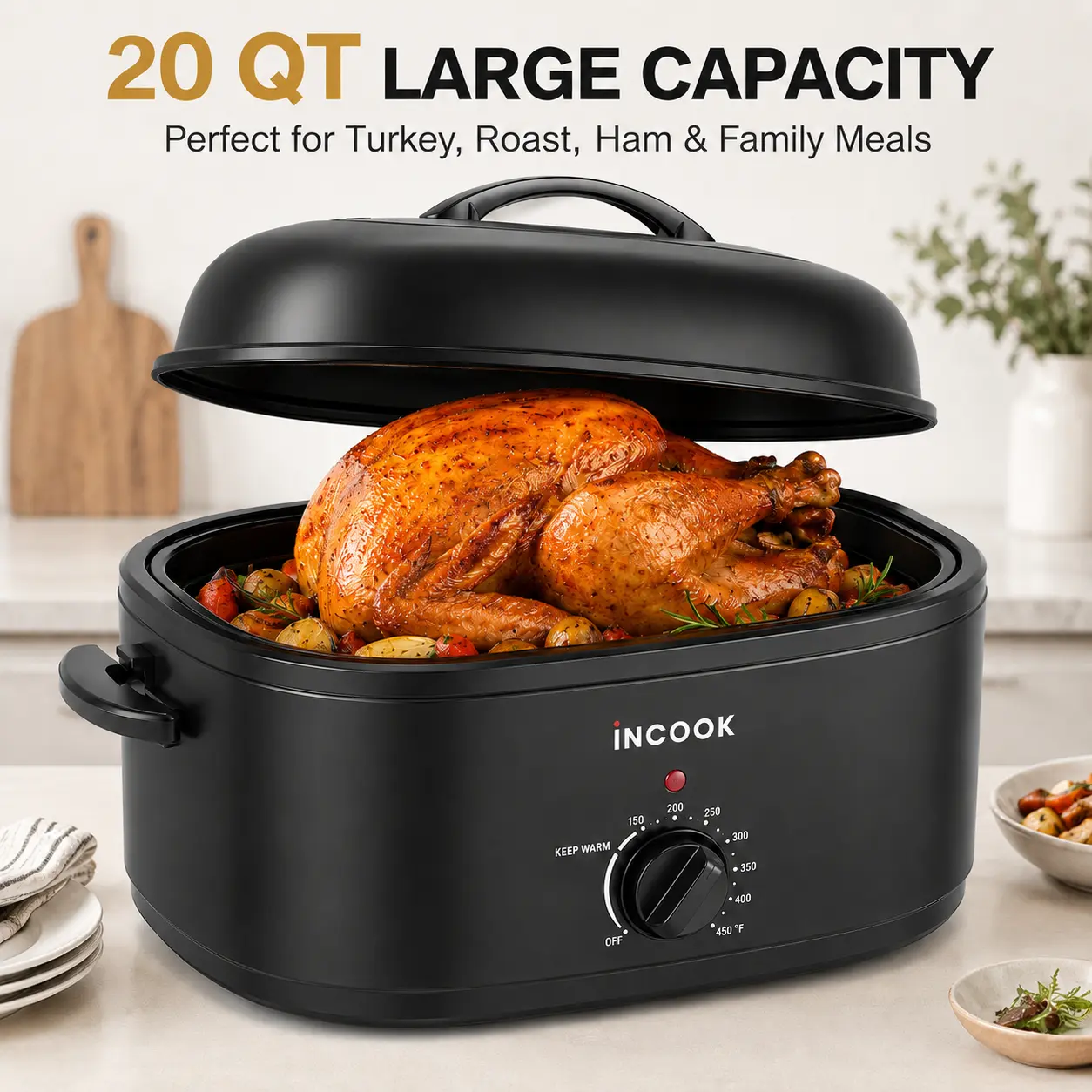 INCOOK 20 Quart Roaster Oven with Self-basting Lid, Turkey Roaster Oven with Removable Pan and Rack, Black