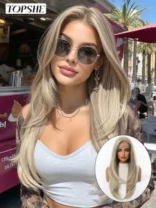 13×6 Glueless Medium Length Layered Ombre Ash Blonde Balayage Wig, 26 Inch, Natural Dark Roots, Heat-Resistant Synthetic Lace Front Wig, Ideal for Daily Wear, Beginner-Friendly, Natural Looking Wigs