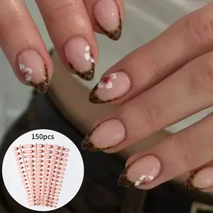 150pcs Holiday Style Tortoiseshell Flower Nails, Nude Transparent Texture, Amber French Edge, Easy Wear, Nail Kit Set Includes Jelly Glue and Nail File