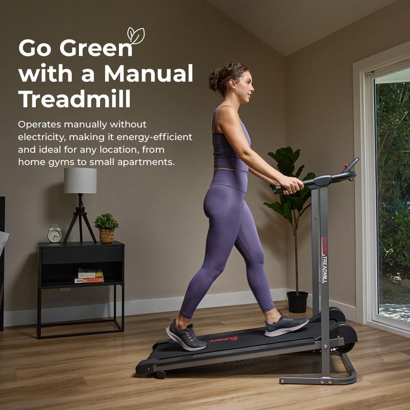 Sunny Health & Fitness Slim Foldable Manual Treadmill, Home Gym Workout Fitness, Fixed Incline, Shock-Absorbent 42" x 13" Deck, Performance Monitor, Compact Space-Saving Design for Walking/Jogging/Running, 330 lbs Capacity