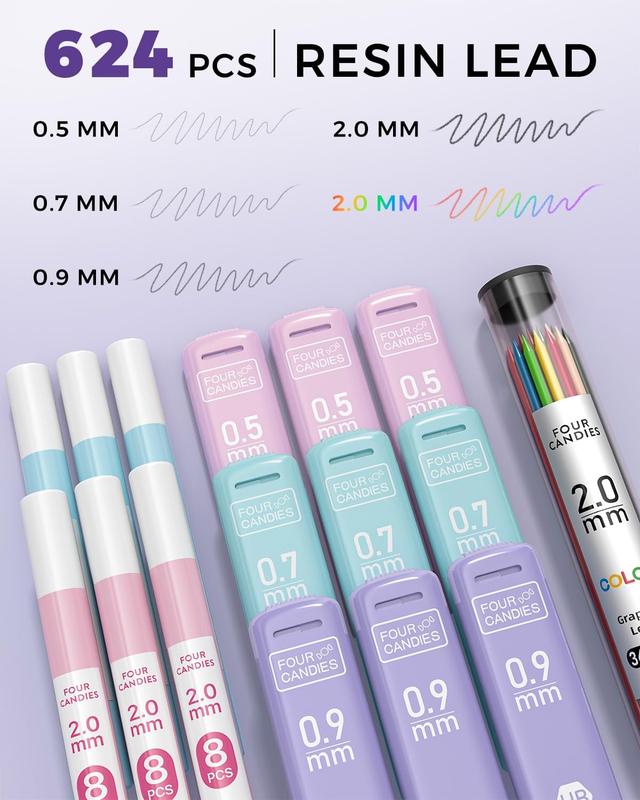 36PCS Aesthetic School Supplies, Mechanical Pencils 0.5mm, 0.7mm, 0.9mm & 2.0mm with 624PCS Lead Refills, Cute Mechanical Pencils for Writing, Drawing & Drafting (Pink)