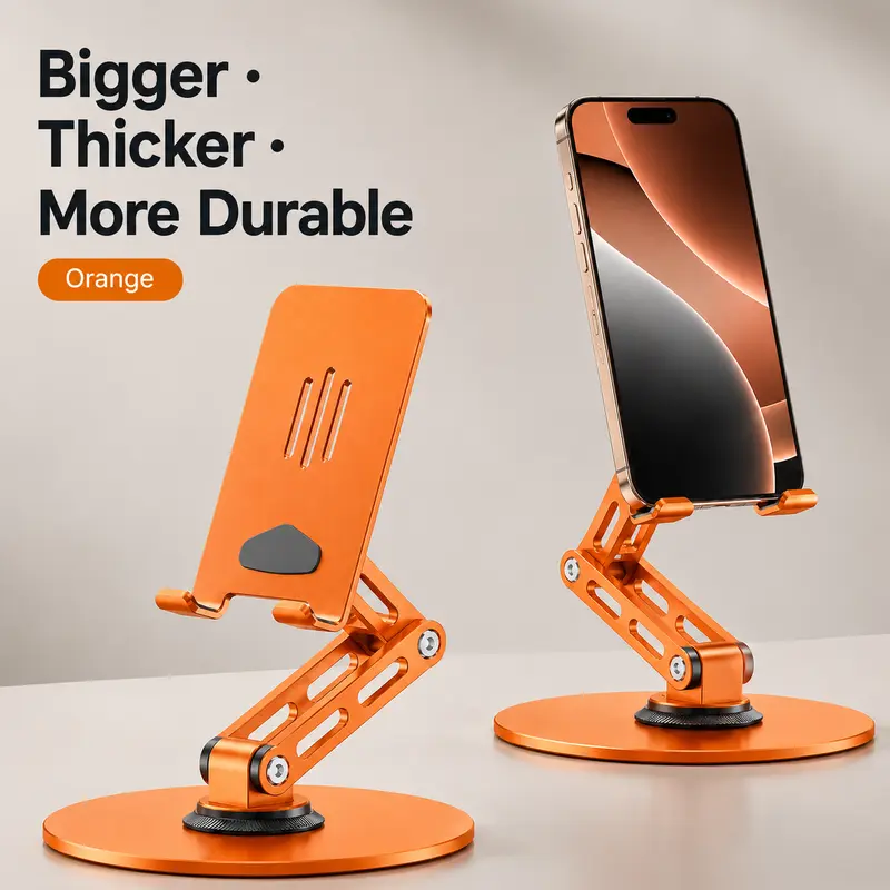 360° Rotating Cell Phone Stand for Desk, Adjustable & Foldable Phone Holder, Aluminum Desktop Phone Stand with Anti-Slip Base, Compatible with iPhone, iPad, Android Phones, K69-Black  Cellphone Smartphone Mount Folding