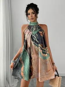 Women's All Over Print Womenswear Dress, Elegant Fashion Casual Hanging Neck Dress for Daily Outdoor Wear, Women Dress for All Seasons