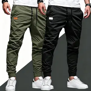 Men's 2-Pack Solid-Color Workwear Pants with Leather Detailing, Adjustable Drawstring Waist, Pocket - Menswear Casual Athletic Sportswear for Work, Outdoor Outings