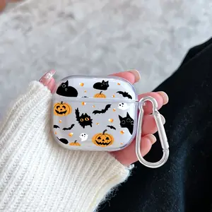 Halloween Fantasy Pattern TPU Soft Protective Case for Apple AirPods 4/3/2/1/Pro/Pro2 Transparent Earphone Cover with Keychain Attachment