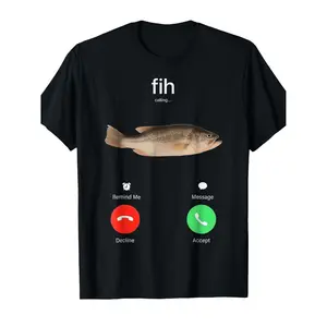 Men'S Humorous 'Incoming Call' Fish Design T-Shirt - Casual Round Neck Heat Transfer Tee, Featuring 'Incoming Call' Design, Breathable And Comfortable, Ideal for Summer And Everyday Use, Quirky And Fun Style, Comfortable Fit, Perfect for